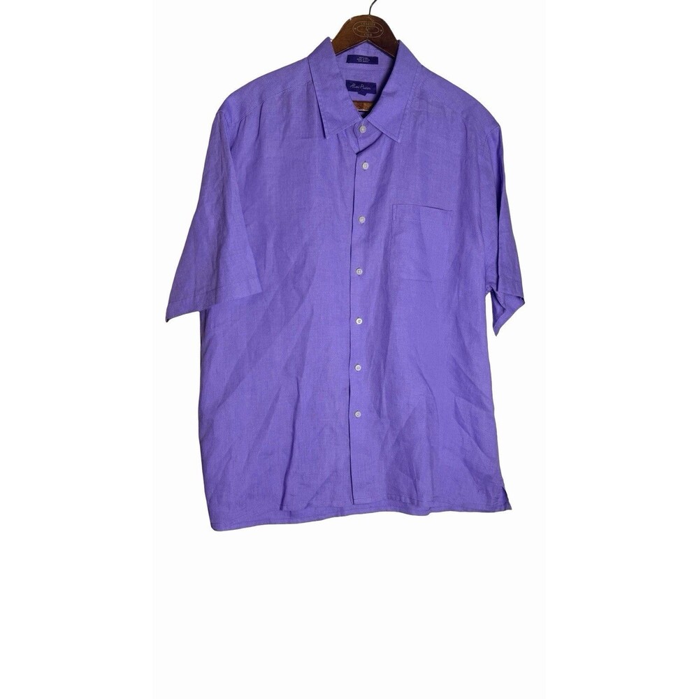 100% Linen Alan Flusser Shirt Mens XL Purple Short Sleeve Button Up Summer Beach